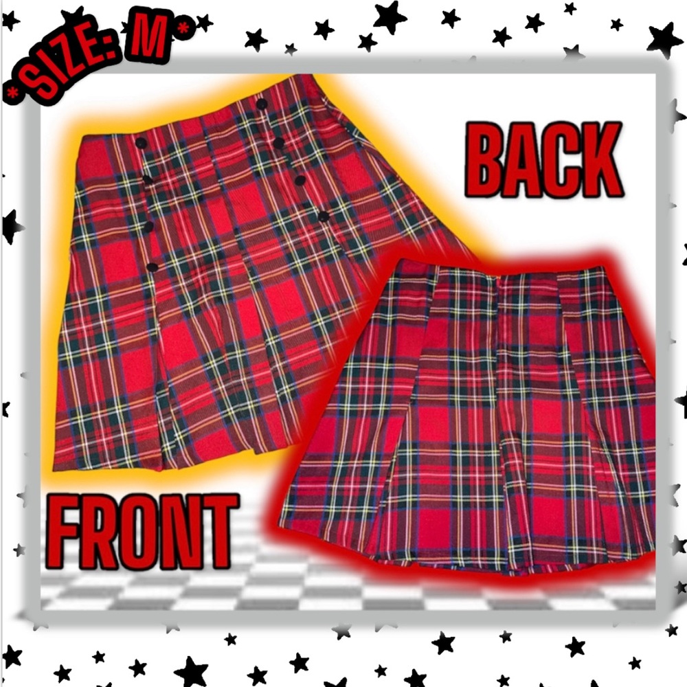 NWT: Smak Parlour X Unique Vintage - Red Plaid Pleated Side Buttons Skirt (M)